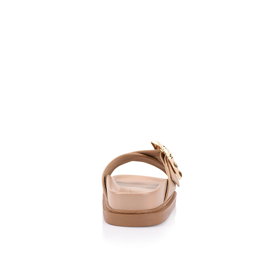 Women's nude camel footbed slides with gold buckle