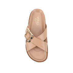 Women's nude camel footbed slides with gold buckle