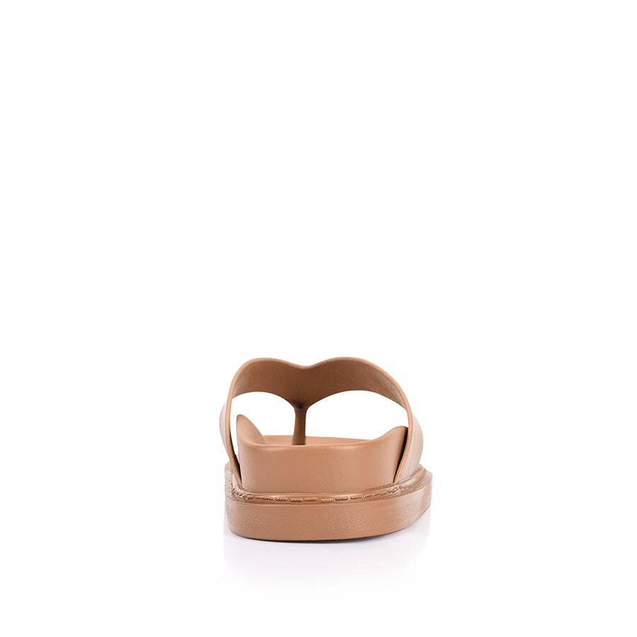 Women's dark camel tan footbed platform thongs