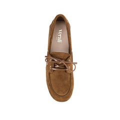 Microfibre boat shoe with a rounded toe shape and lace up detailing