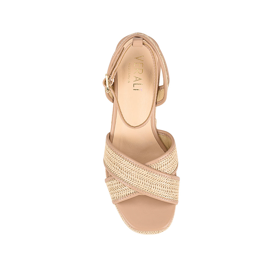 Women's beige and raffia wedge with ankle strap