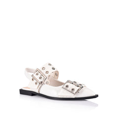Women's vegan white crinkle buckle ballet flat with elastic slingback
