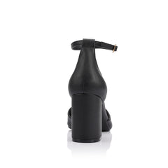 Women's black block heel with pointed toe and ankle strap
