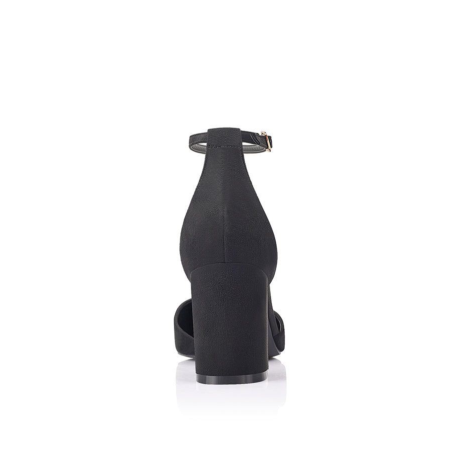 Women's black vegan microsuede court block heel with ankle buckle fastening