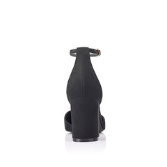 Women's black vegan microsuede court block heel with ankle buckle fastening