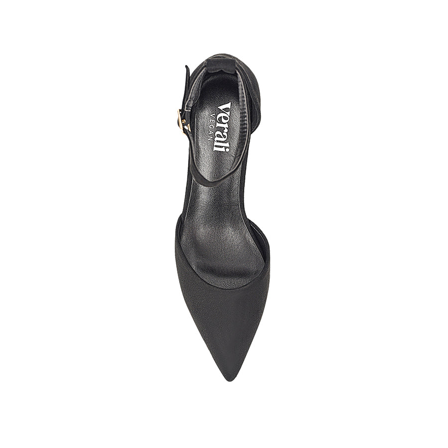 Women's black vegan microsuede court block heel with ankle buckle fastening