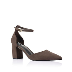 Women's chocolate brown vegan microsuede court block heel with ankle buckle fastening