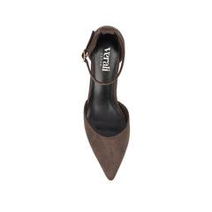 Women's chocolate brown vegan microsuede court block heel with ankle buckle fastening