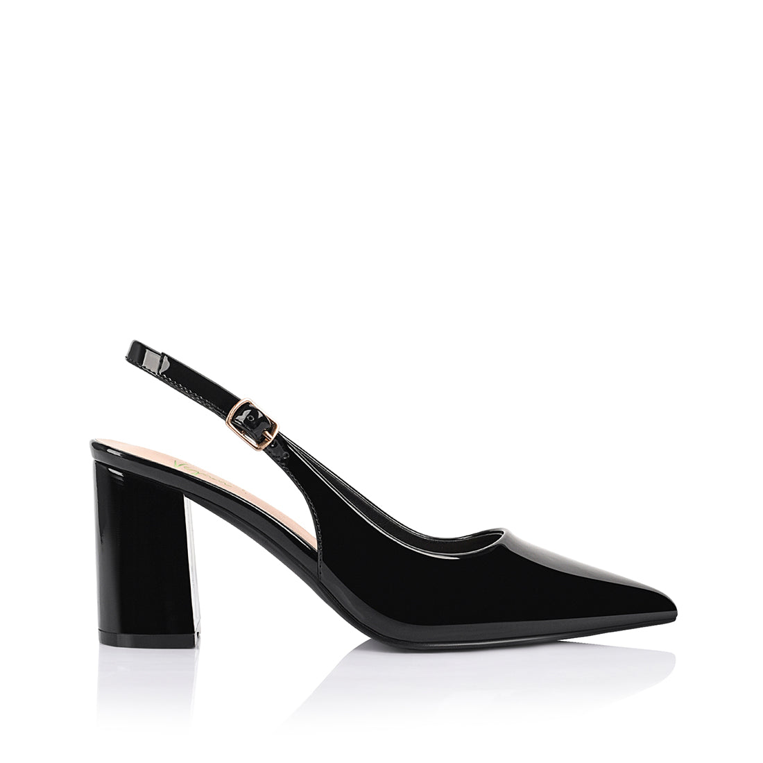 Women's vegan patent block heel slingback with pointed toe, block heel and buckle fastening