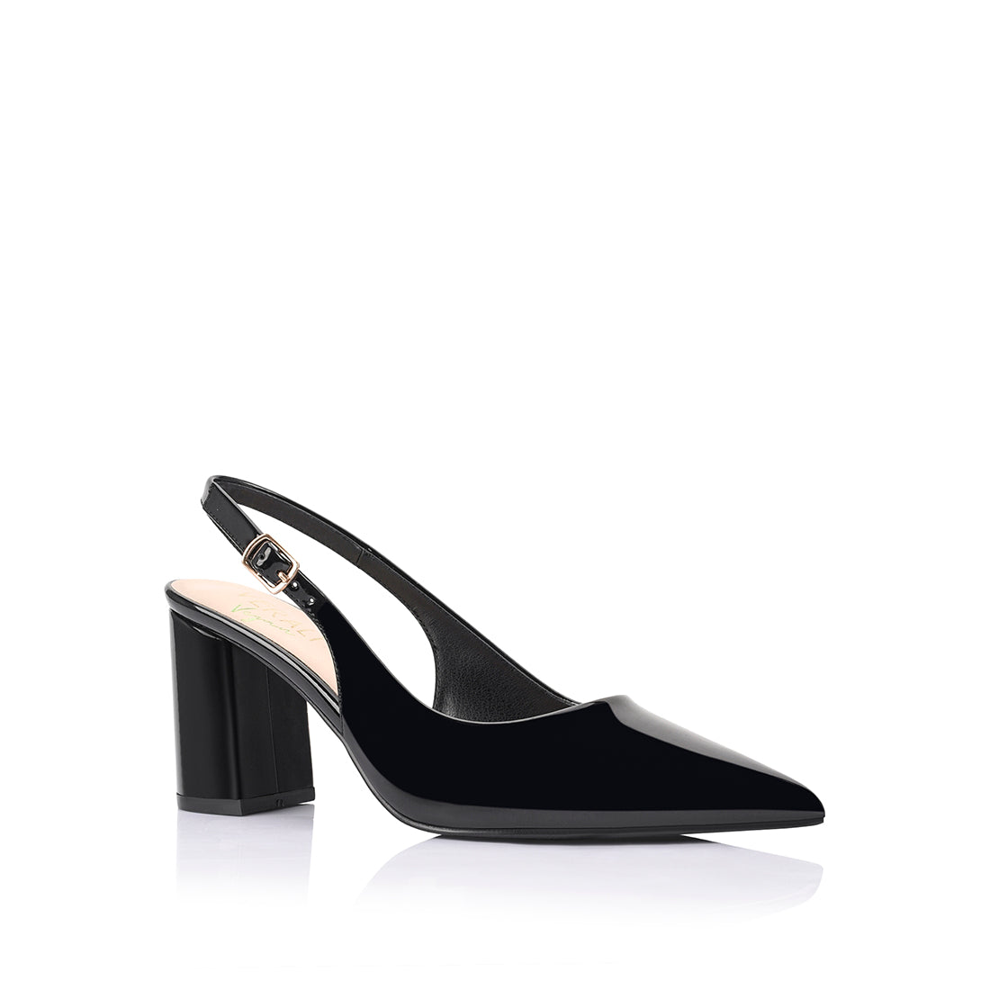 Women's vegan patent block heel slingback with pointed toe, block heel and buckle fastening