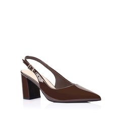 Brown high-heeled shoe with a slingback design with a patent upper
