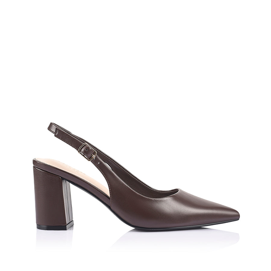 Brown high-heeled shoe with a pointed toe shape and buckle closure
