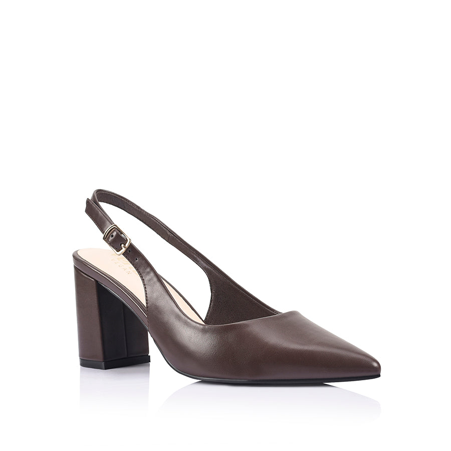 Brown high-heeled shoe with a pointed toe shape and buckle closure