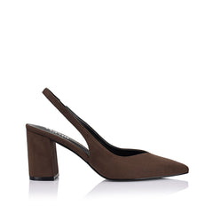 Women's pointed toe slingback with block heel in chocolate vegan microsuede 
