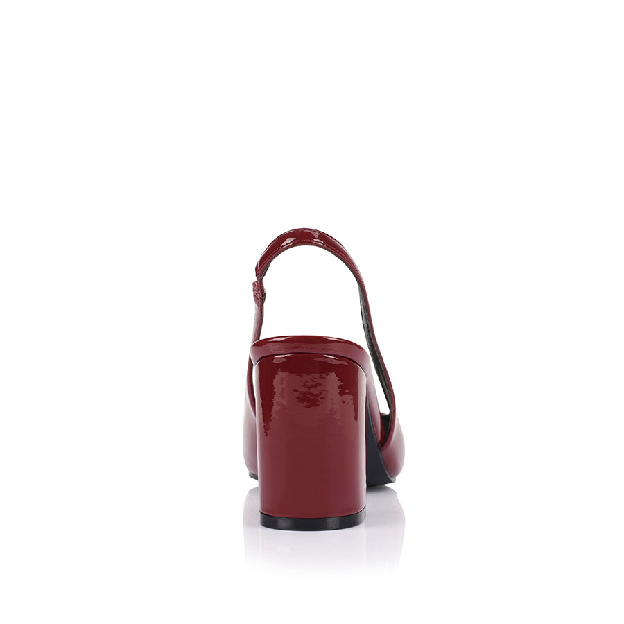 Women's pointed toe slingback with block heel in red wine patent vegan