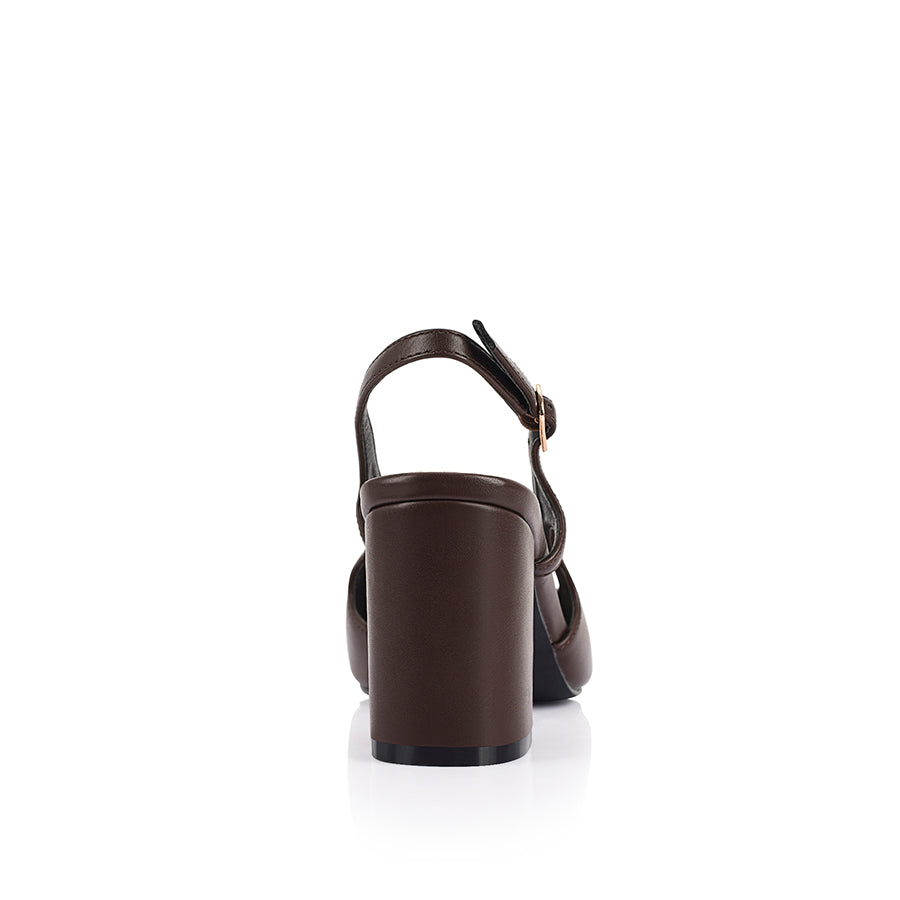 Women's vegan chocolate brown block heel slingback with buckle and pointed toe