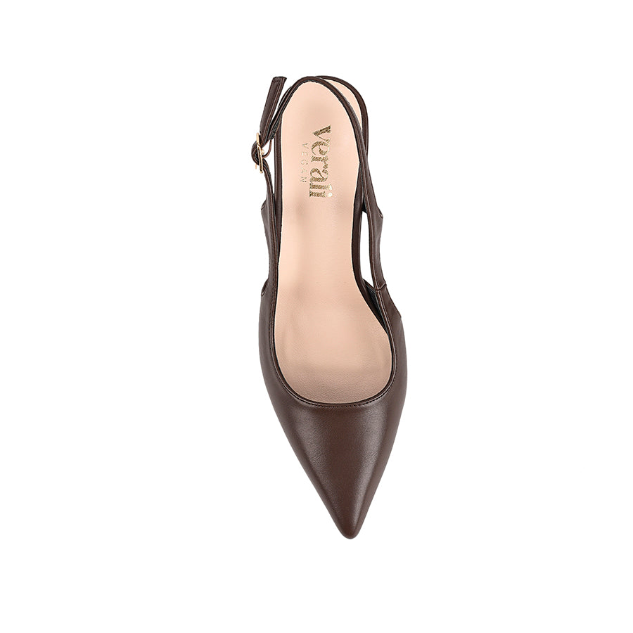 Women's vegan chocolate brown block heel slingback with buckle and pointed toe