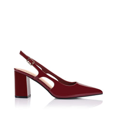 Women's red wine patent vegan leather block heel pointed toe slingback