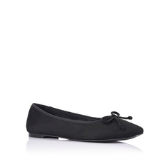 Black microsuede ballet flats with a black heel and small bow