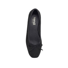 Black microsuede ballet flats with a black heel and small bow