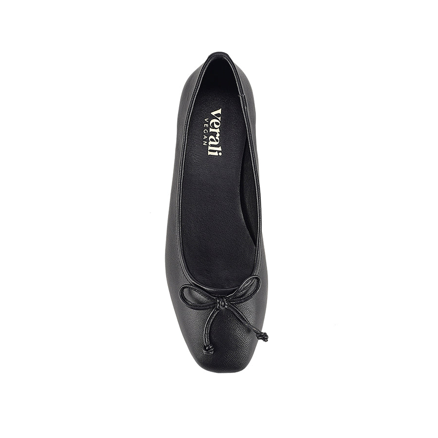 Black smooth ballet flats with a black heel and small bow
