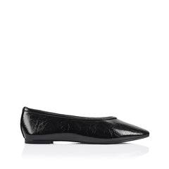 Black crinkle flat with square toe shape and v high vamp