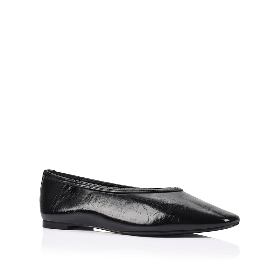 Black crinkle flat with square toe shape and v high vamp