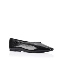 Black crinkle flat with square toe shape and v high vamp