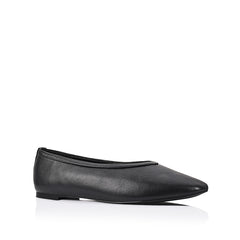 Smooth black flat with square toe shape and v high vamp