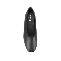 Smooth black flat with square toe shape and v high vamp