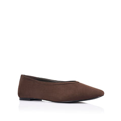 Microfibre brown flat with square toe shape and v high vamp