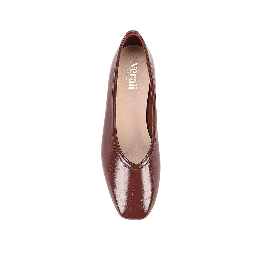 Burgundy flat with square toe shape and v high vamp