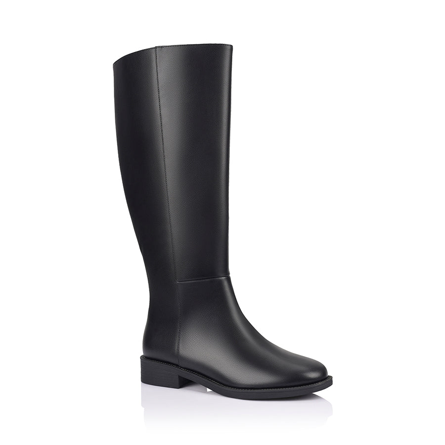 Black knee high boot with a wide calf shaft