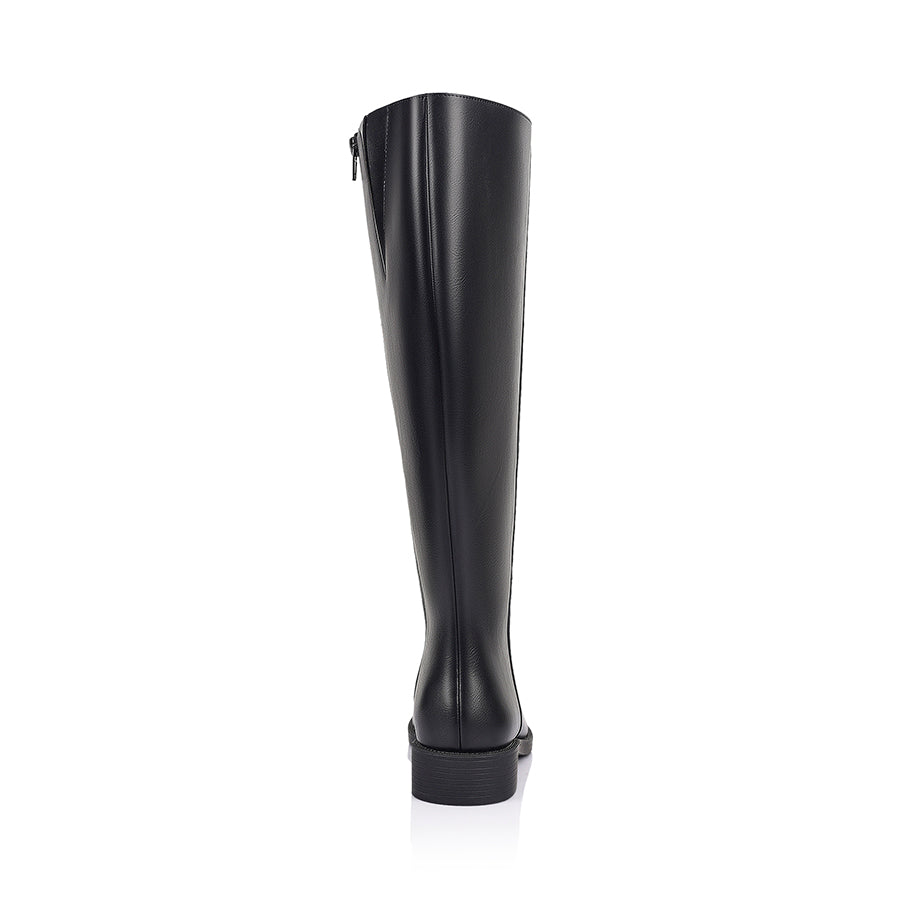 Black knee high boot with a wide calf shaft