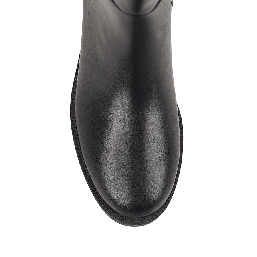 Black knee high boot with a wide calf shaft