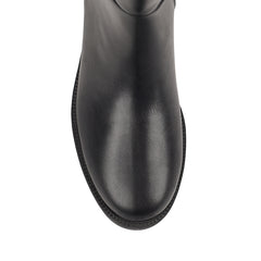 Black knee high boot with a wide calf shaft