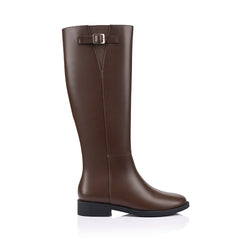 Women's knee high flat riding boots with elastic gusset and gold buckle detail