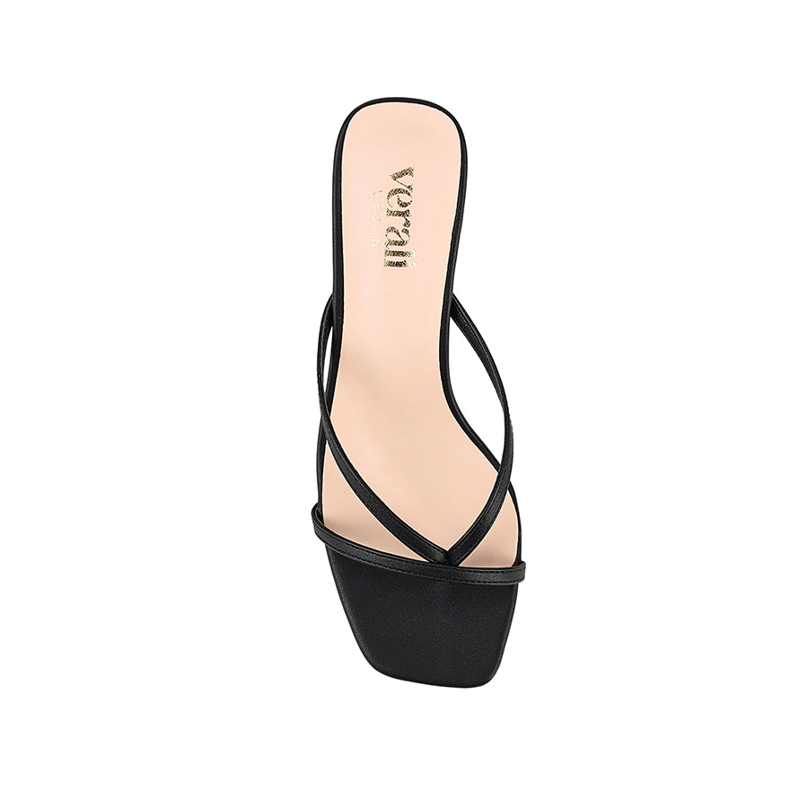 Women's black vegan high heeled thong with thin block heel
