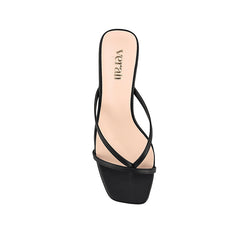 Women's black vegan high heeled thong with thin block heel