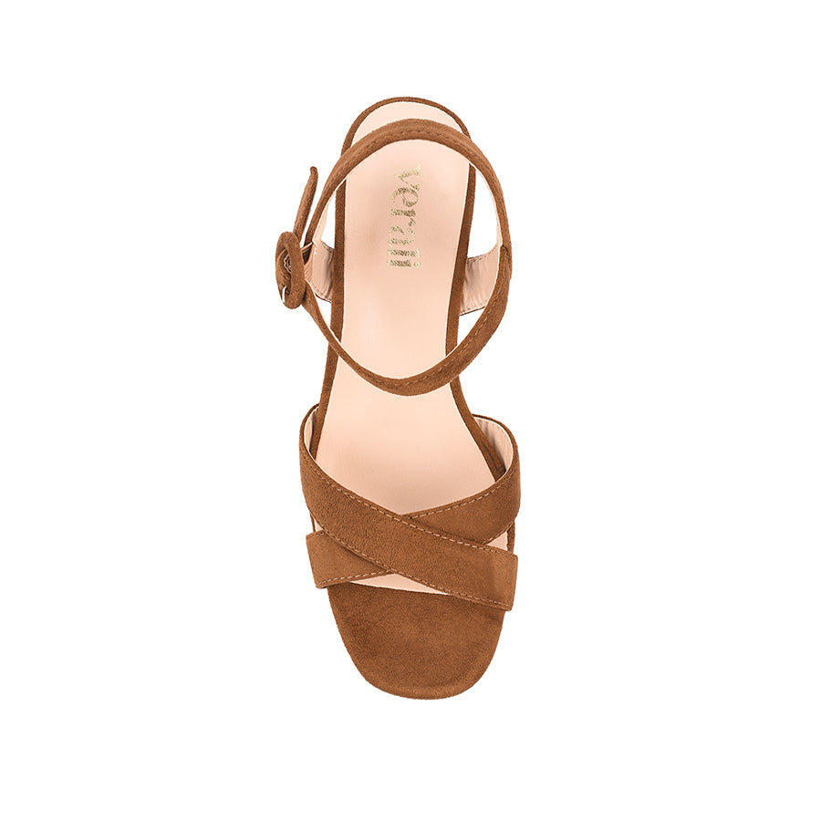 Women's brown tan microsuede and cork block heel platform sandal 