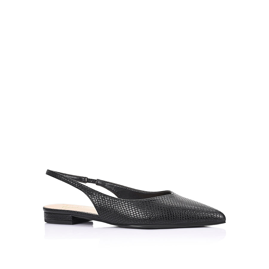 Women's vegan leather flat pointed toe slingback in black snake print
