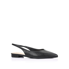 Women's vegan leather flat pointed toe slingback in black snake print