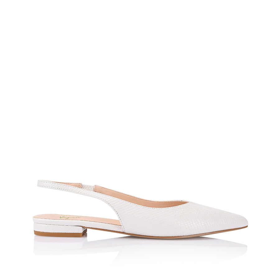 Women's vegan leather flat pointed toe slingback in white snake print