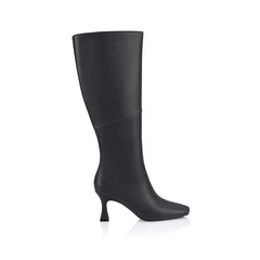 Black knee-high boot with a mid heel and square toe shape