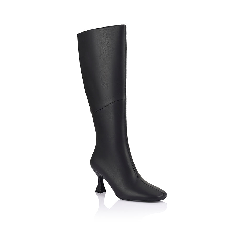 Black knee-high boot with a mid heel and square toe shape