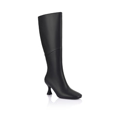 Black knee-high boot with a mid heel and square toe shape