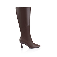 Brown knee-high boot with a mid heel and square toe shape