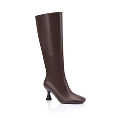 Brown knee-high boot with a mid heel and square toe shape