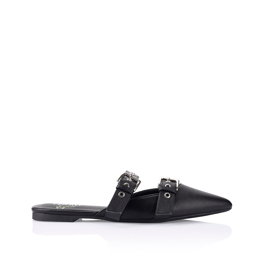 Women's black vegan flats with pointed toe and buckle detailing