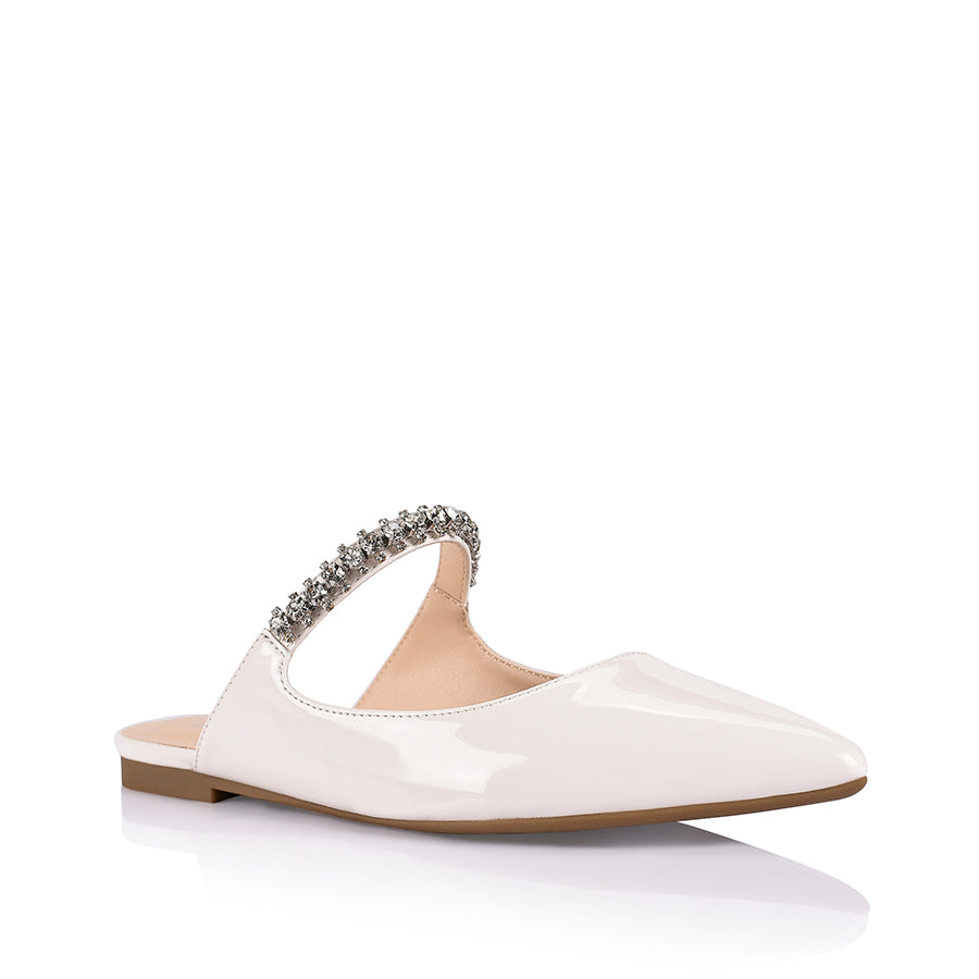 Women's white patent flat mules with crystal embellishment 